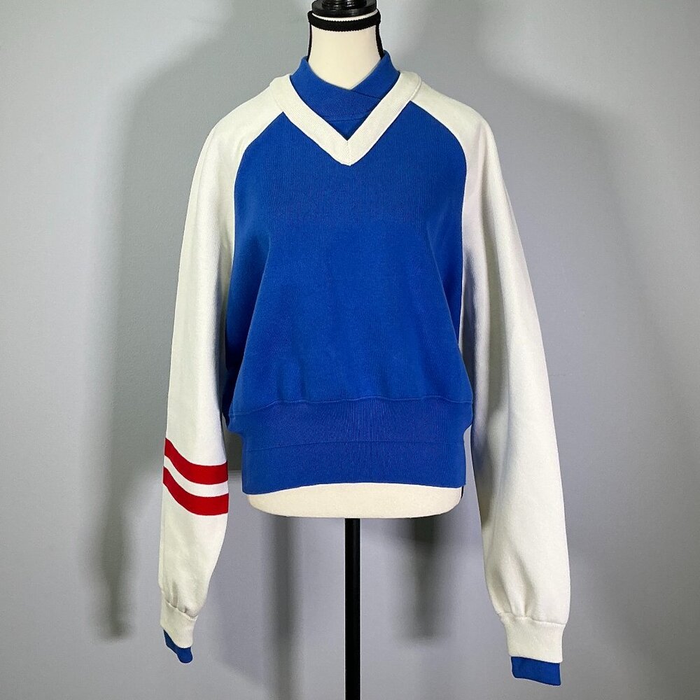 Meryll Rogge Double V-Neck Women's Size L Blue/White Sweater NWT